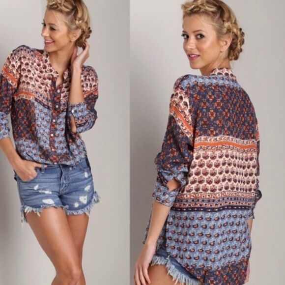 Free People Women's Caravan Patchwork Printed Button Front Shirt Size XS - Picture 4 of 12